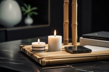 Closeup of bamboo sticks, scented candles, and an open book on a marble table. Creates an aromatic and peaceful ambiance in an apartment. Generative AI