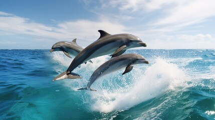 Beautiful group of dolphins jumping out of sea - Powered by Adobe