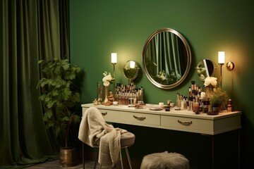 Table with makeup, brushes, candles, and mirrors near a green wall in a beauty room. Generative AI