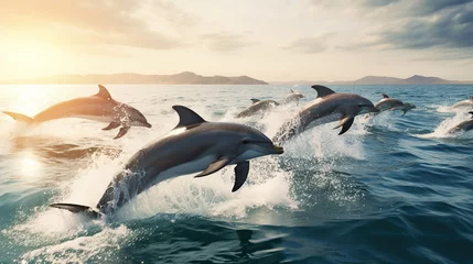 Schilderijen op glas Beautiful group of dolphins jumping out of sea © Beny