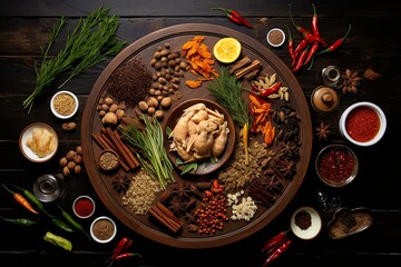 Obraz na płótnie Canvas An overhead view of a table showcasing Chinese cooking herbs for chicken soup. Generative AI