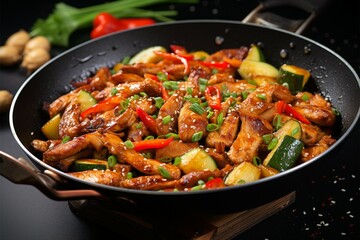 Chicken stir fry with zucchini and sweet peppers, Chinese cuisine