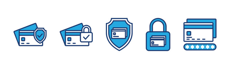Secure payment icons. Credit card protection and security icon symbol for apps and websites. Shield, padlock, locked, password, banking card. Vector illustration 