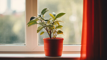 Red potted plant sitting on top of a window