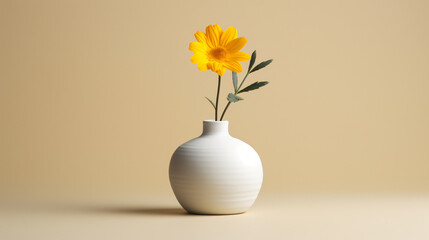 Small white vase with a yellow flower inside of it