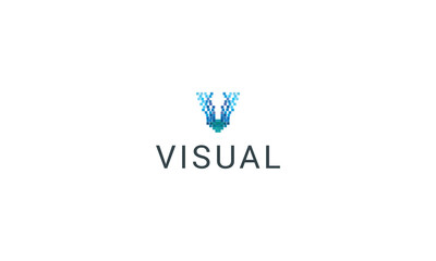 Letter V technological pixel distortion data security virtual logo