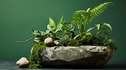 Stone with plants and rocks in it on a green background
