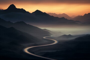Enigmatic road with misty desert and car streaks under long exposure. Mountains, nature, and deserted highway. Generative AI