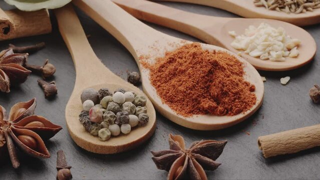 Various types of spices on wooden spoons slowly move along the frame, a great food background for your projects.