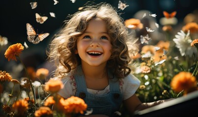 A little girl sits among flowers, laughs, playfully catches butterflies. Bright happiness, joy, and spring in children games in the meadow. - 648496663