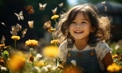 A little girl sits among flowers, laughs, playfully catches butterflies. Bright happiness, joy, and spring in children games in the meadow.
