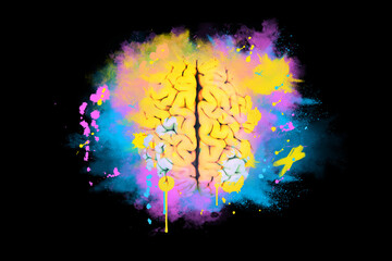 Creative brain explodes with splashes of pink, blue and yellow paint on a black background, concept. Creative idea and brainstorm. Artist thinking and creative process