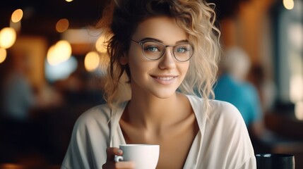 Beautiful woman with cup of coffee in cafe.