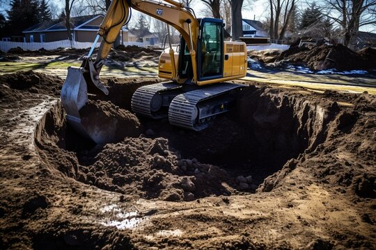 Excavator digs hole for plumbing and septic tank installation. Generative AI