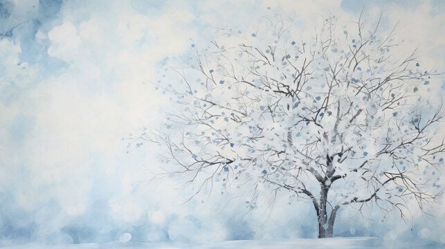 Painting of a blue and white background with a tree