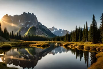 Zelfklevend Fotobehang Panorama of a rocky mountain meadow with larch trees and mountain range in the background- British Columbia, Canada  3d render © Malaika