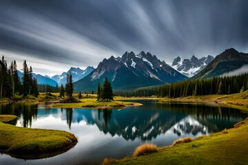 Panorama of a rocky mountain meadow with larch trees and mountain range in the background- British Columbia, Canada  3d render