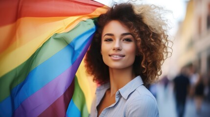 Charming beautiful girl with rainbow flag on LGBT demonstration parade.