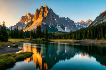 Panorama of a rocky mountain meadow with larch trees and mountain range in the background- British...