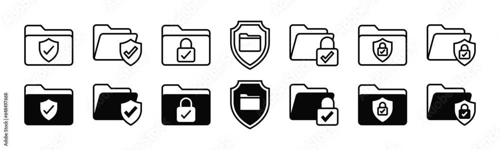 Poster files protection thin line icons. data folder and document protection, cybersecurity, information se