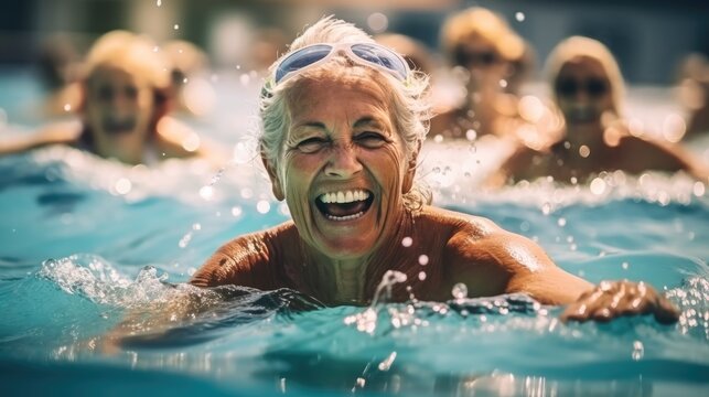 Happy senior women enjoying exercise in a pool, Retired lifestyle.