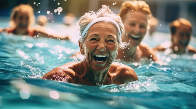 Happy senior women enjoying exercise in a pool, Retired lifestyle.