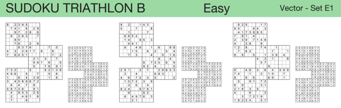 A set of 3 easy scalable sudoku triathlon B puzzles suitable for kids, adults and seniors and ready for web use, or to be compiled into a standard or large print activity book.