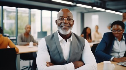 Mature black man meeting with corporate people, Planning and collaboration in conference room, Leadership.