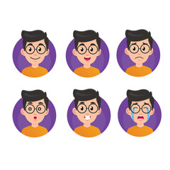 Set of different facial expressions male character. Collection of young boy feelings. Cute boy emoji with various emotions. Collage of cute boy's portrait. Cartoon illustration in vector.