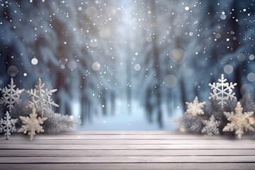 Fototapeta na wymiar Winter wonderland. Christmas magic in blue and white. Frosty delights. Empty wooden table with snowfall serenity. Holiday beauty