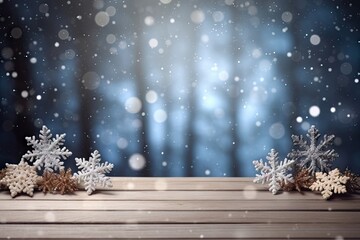 Winter wonderland. Christmas magic in blue and white. Frosty delights. Empty wooden table with snowfall serenity. Holiday beauty