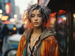 Portrait of a beautiful girl with dyed hair, wearing a serious expression, set against the blurred backdrop of a city street in a street photography style