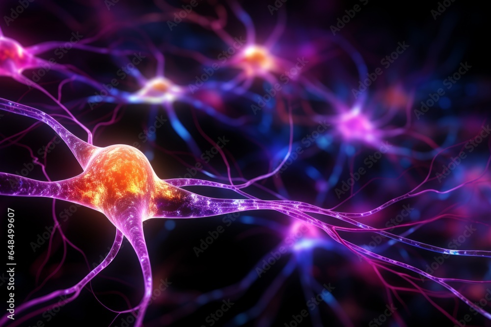 Wall mural neuron cells neural network under microscope neuro research science brain signal information transfe