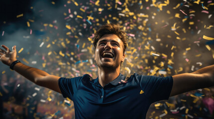 Happy male football sport player celebrating winning with confetti falling, Sports game and celebrating.