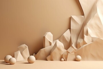 Background with beige geometric stone and rock shapes, perfect for product showcasing. Generative AI