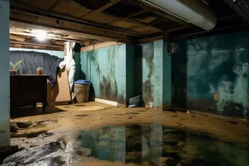 Fotobehang In-progress underwater basement with moldy wall. Generative AI © Eudoxia