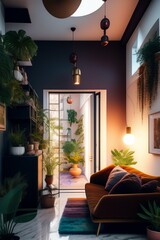 living room interior solarpunk aesthetic visual aesthetic, lots of furniture, wall art, plants, flowers, cozy, chaotic, messy, disheveled.  apartment interior design, marble floor, High ceilings,art d
