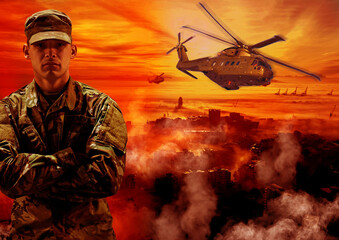 War, man and soldier, helicopter and fire with military transport, army in a post apocalyptic...