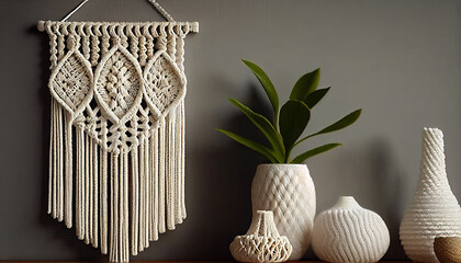  Creative hobby handmade macrame for home decoration with white and minimalist background, Ai generated image 