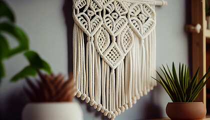  Creative hobby handmade macrame for home decoration with white and minimalist background, Ai generated image 