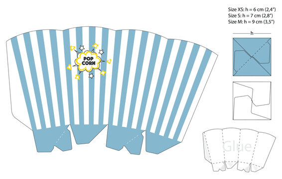 Cute popcorn box template with vertical blue and white stripes isolated on white background