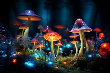Colorful mushrooms in green field illuminated by projections and potions. Generative AI