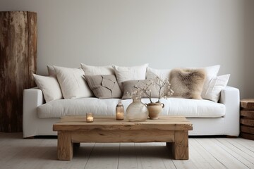 White rustic sofa, minimalist Scandinavian interior design. Generative AI
