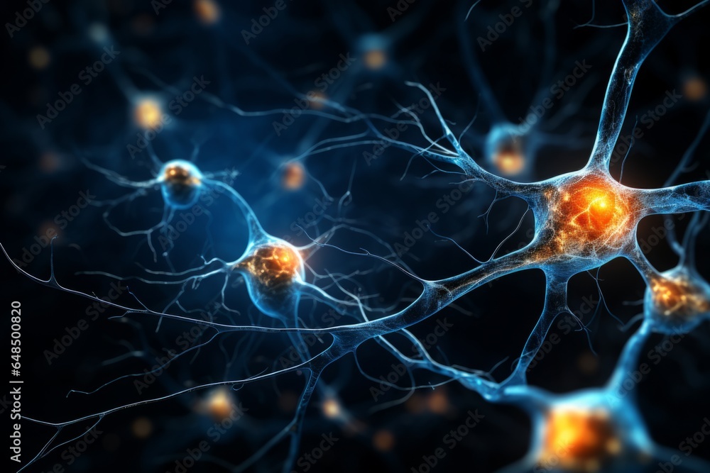 Wall mural neuron cells neural network under microscope neuro research science brain signal information transfe