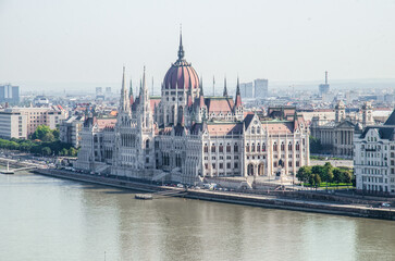 Beautiful Panorama of Budapest and Hungarian Parliament stock photo.