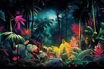 Neon-lit tropical jungle with retro plants and fluorescent light. Contemporary botanical concept. Generative AI