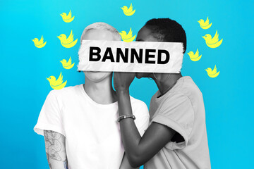 Cancel culture, gossip and censorship with overlay on people for social media, cyber bullying and toxic message. Free speech, censorship and rumor with women on blue background for mockup and voice
