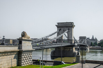 Budapest, Hungary, August 15, 2023. Budapest City Chain Bridge with lions.