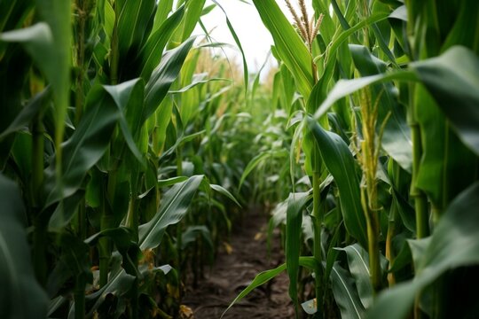Corn stalk amidst corn plants. Generative AI