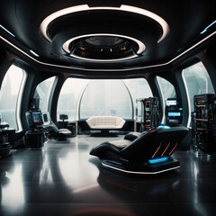 Futuristic interior design in black tones. Technologies of the future made of plastic. 3D illustration